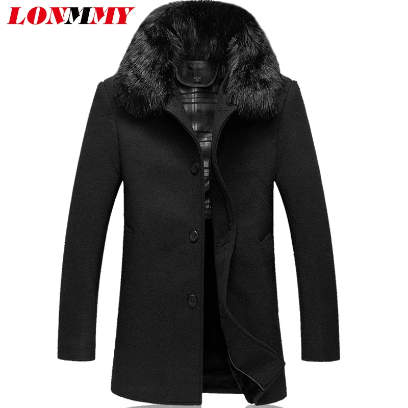 LONMMY 5XL шерстяное пальто с меховым воротником, мужское шерстяное пальто, повседневная куртка, Мужская верхняя одежда, однобортная, бархатная, утепленная, зима