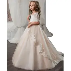 Принцесса настроить бальное платье для девочек в цветочек платья, аппликации из кружева большой с поясом, длиной до пола праздничное