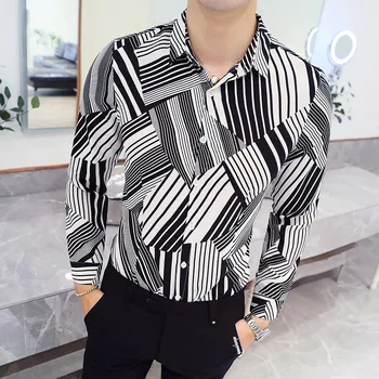 

YC083*2018 male stripe splicing Korean version slim long sleeved shirt hairstylist youth long sleeve shirt P50