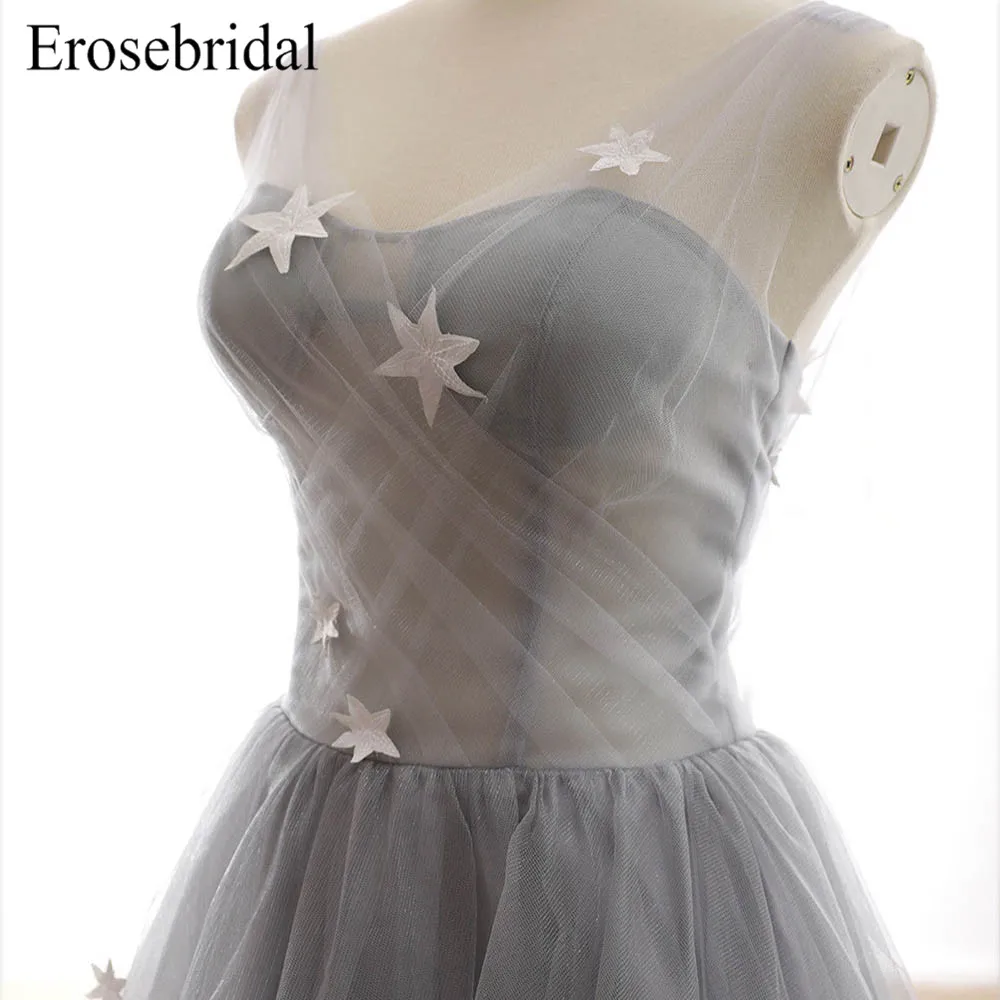 Simple Tulle Grey 2019 Evening Dress Long A Line Sexy Illusion Bodice Elegant robe de soiree Lace Up Back Vestido De Festa Simple Tulle Grey 2019 Evening Dress Long A Line Sexy Illusion Bodice Elegant robe de soiree Lace Up Back Vestido De Festa
