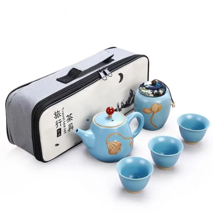 Portable Chinese Tea Set Ceramic Teapot Leaves Jar 3 Porcelain Tea Cups with Carrying Case YU-Home