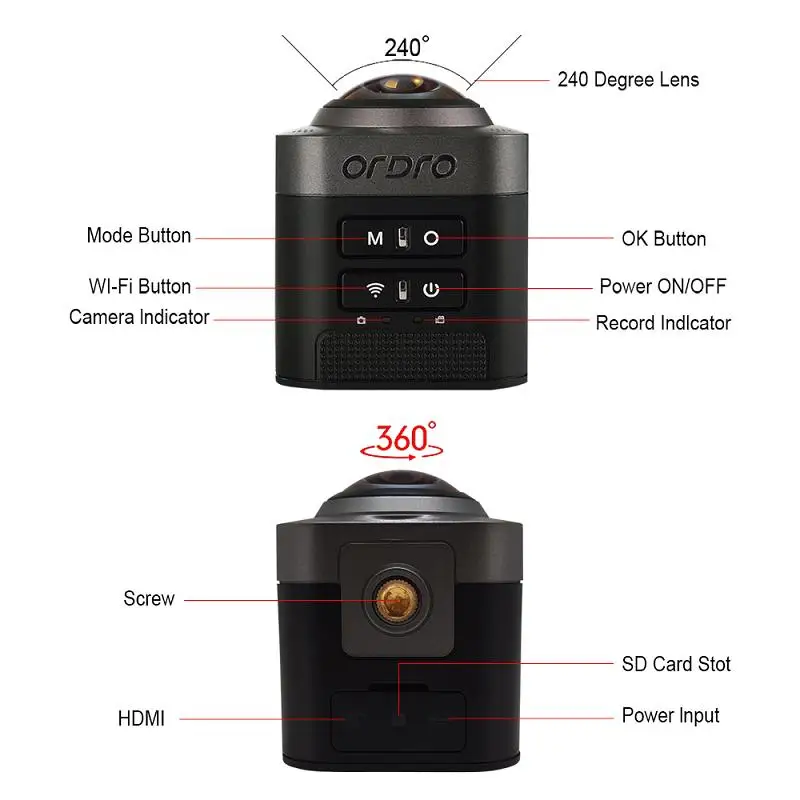 Ordro 360 градусов Full View видеокамера D5 1080p FHD Портативная Цифровая WIFI циклическая