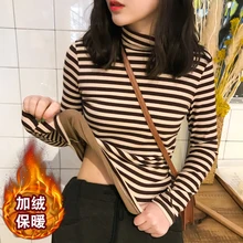 Вельветовая рубашка с высоким воротником, осенне-зимняя плотная рубашка в полоску с длинными рукавами Новая тонкая модная теплая футболка, T1042