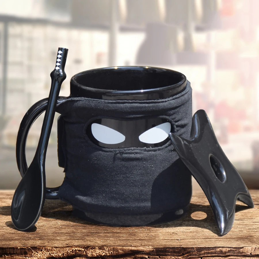2016 Hot Creative Black Ninja Ceramic Coffee Mugs With Spoon Handle Saucer Water Milk Porcelain Mighty