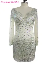Gran Diseño Rhinestones Vestido de Cóctel Caliente Mini Estilo V Cuello de Manga Larga de Partido de la Mujer Vestido de robe courte cóctel elegante