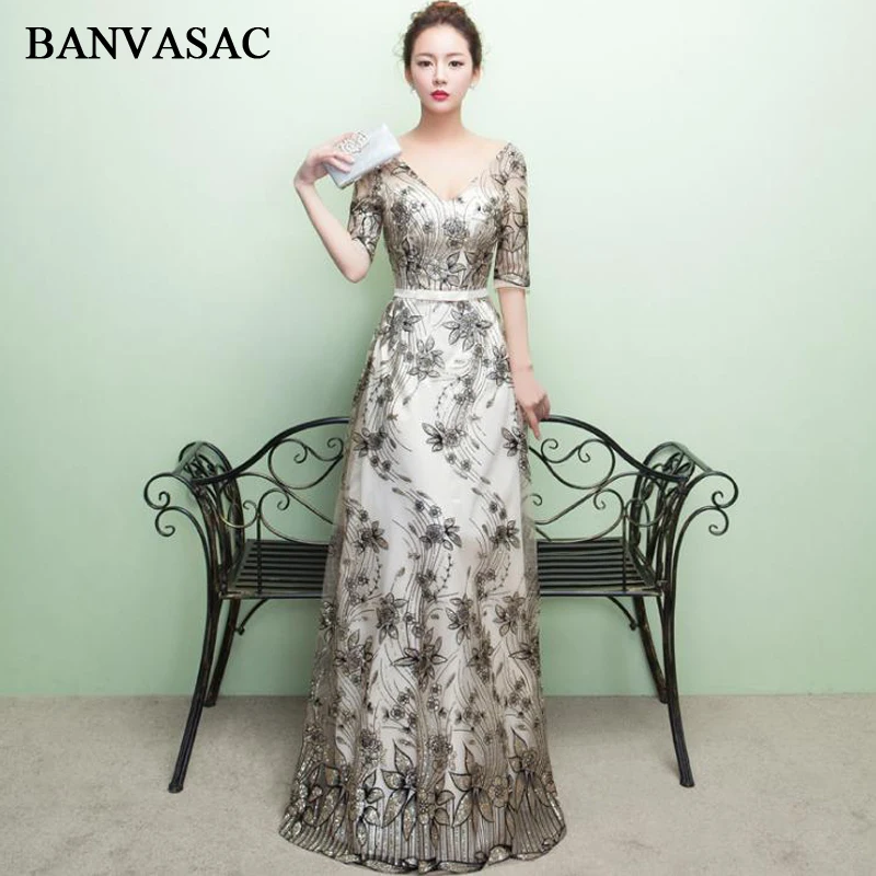 

BANVASAC 2018 V Neck Sequined Embroidery A Line Long Evening Dresses Lace Half Sleeve Party Bow Sash Backless Prom Gowns