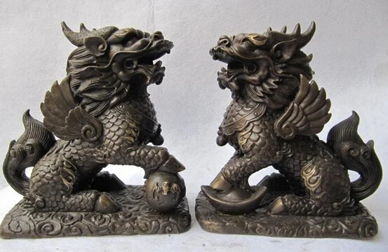 

xd 001708 Chinese Copper Bronze Fengshui Auspicious Wealth Kylin Kilin Kirin Statue Pair