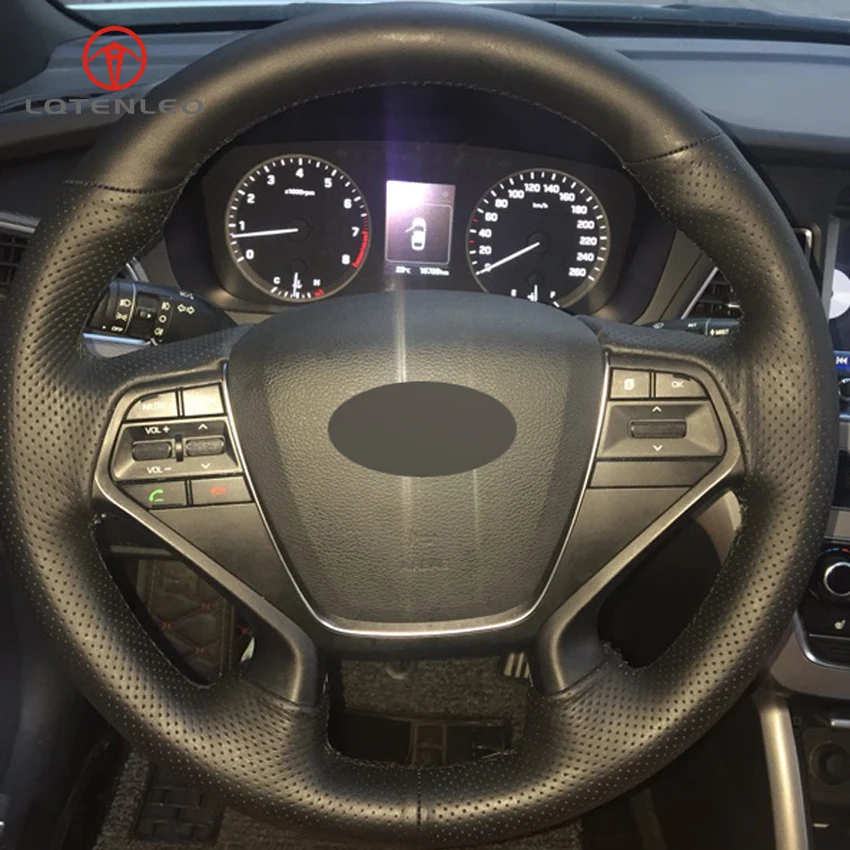 

LQTENLEO Black Artificial Leather Hand-stitched Car Steering Wheel Cover for Hyundai Sonata 9 2015 2016(4-Spoke)