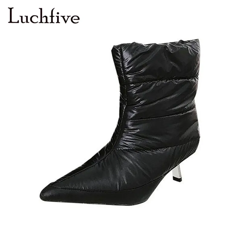

New arrival obliquely heels bread boots women sexy pointed toe short boots slip on black white shoes women fashion bota feminina