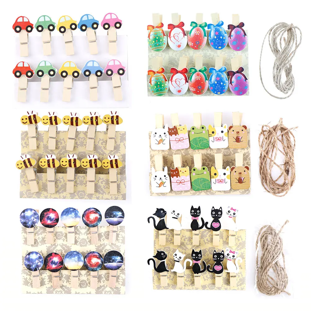 

10pcs Kawaii Wood Photo Paper ClipMini Nice Food Clip Lovely Cat Mini Car Bee Egg Wooden Clips With Hemp Rope Party Decoration