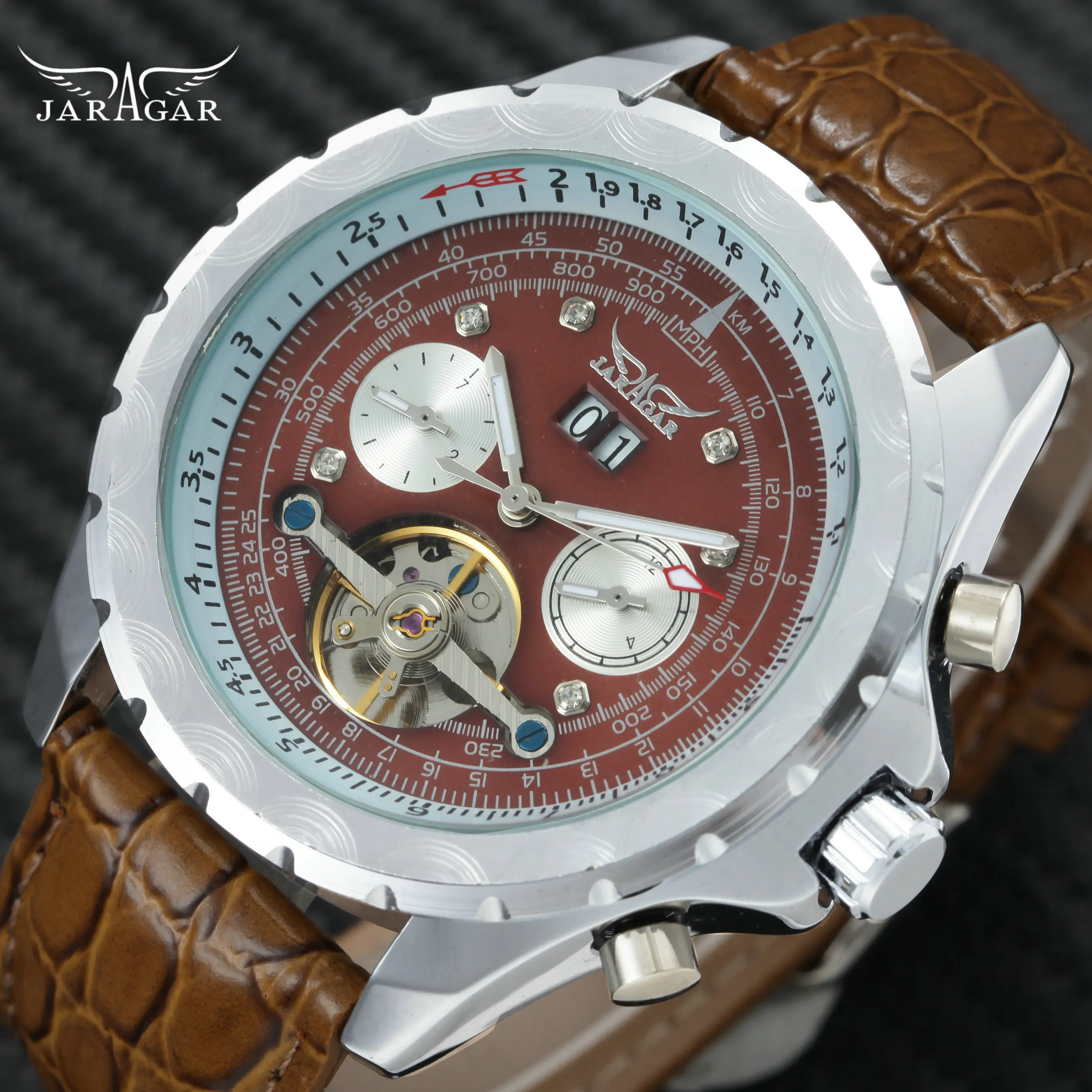 

JARAGAR 2018 Top Brand Luxury Watch Men Tourbillon Mechanical Skeleton Dial Rhinestone 2 Working Sub-dial Calendar Wrist Watches