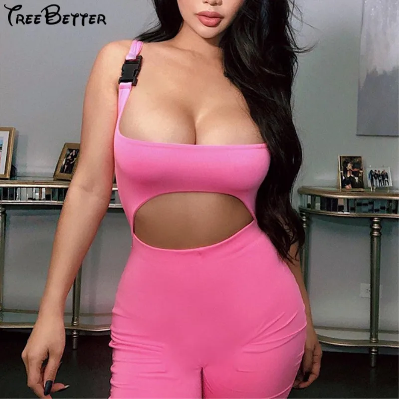 

Fitness Casual Pink Playsuit Women Active Wear Sexy Cut Jumpsuit Sportswear Athleisure Buckle Sleeveless Playsuit