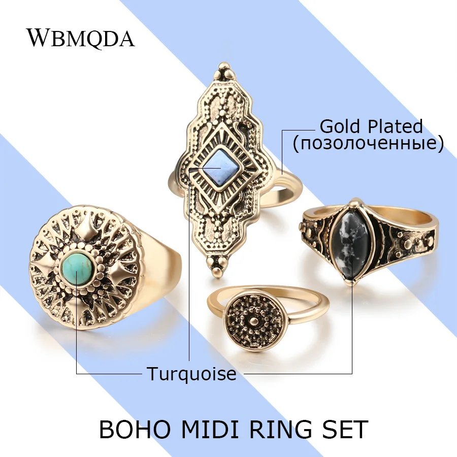 4Pcs/lot Fashion Gold Silver Midi Rings For Women Indian Knuckle Finger Viking Ring Set Vintage Tibetan Jewelry Boho Accessories