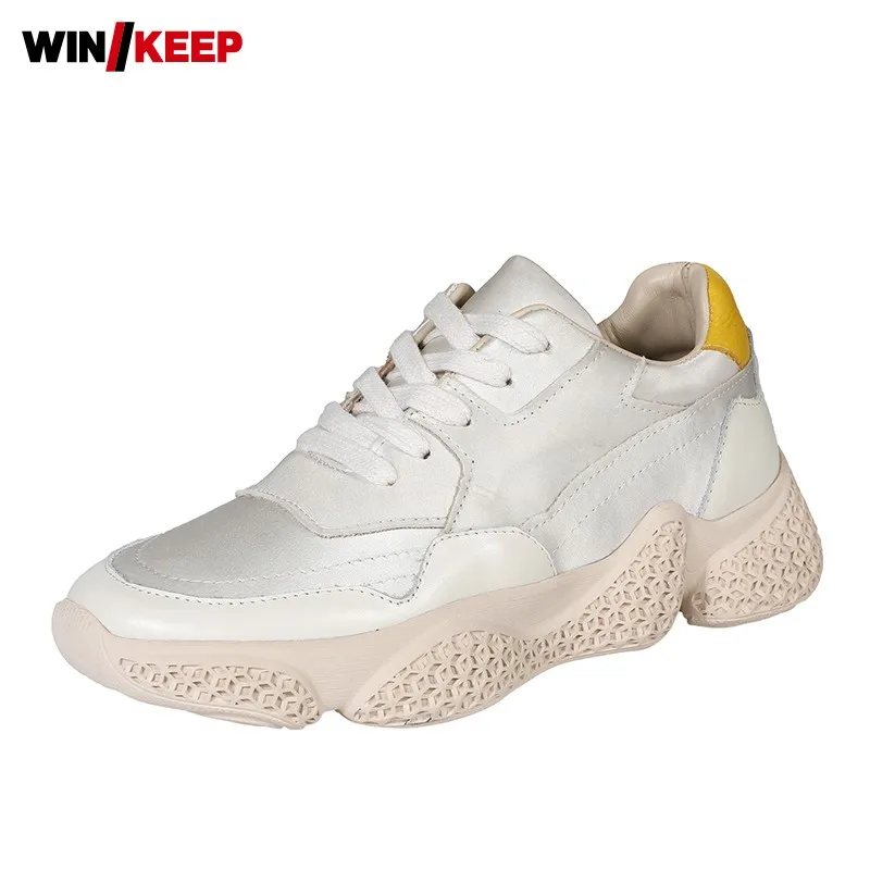 

Top Brand Solid Natural Leather Sports Shoes Female Genuine Cow Leather Light Weight Breathable Sneakers Lace Up Jogging Shoes