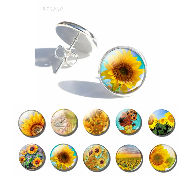 

Women Fashion Sunflower Simple Style Stud Earrings Vintage Silver Glass Cabochon Jewelry Findings Van Gogh Flower Earings Gifts