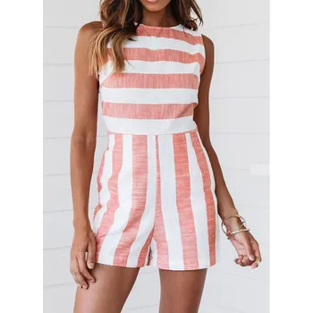 

2019 Summer Women Tank Jumpsuit Sleeveless Backless Striped Jumpsuit Loose O-neck Short Jumpsuit
