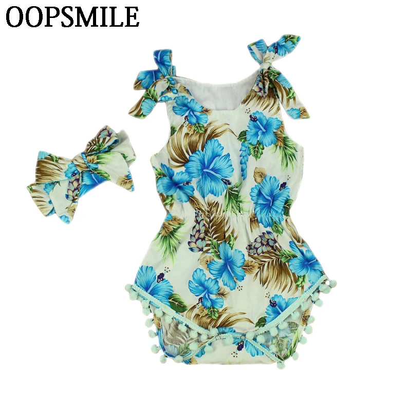 

Summer printing Flower Sleeveless Baby Girls Romper Headband Playsuit Set Elastic Waist Newborn Baby Clothes Baptism Para Bebe