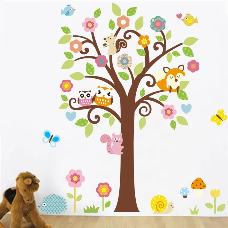 

owls tree wall stickers kids gift playroom decor nursery cartoon home decals 1008. animals mural arts flowers plant poster4.0