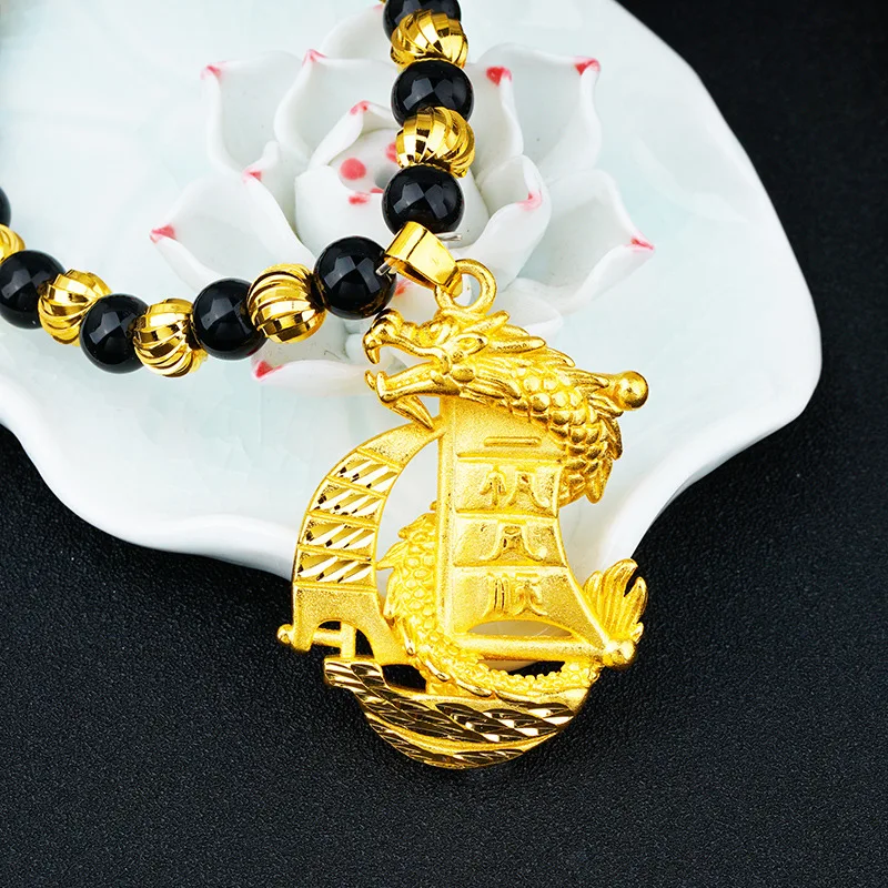 "Гладкий парусный" кулон ожерелья для женщин и мужчин ювелирные изделия 24 K золотого цвета с 60 см цепочка с черными бусинами ювелирные изделия