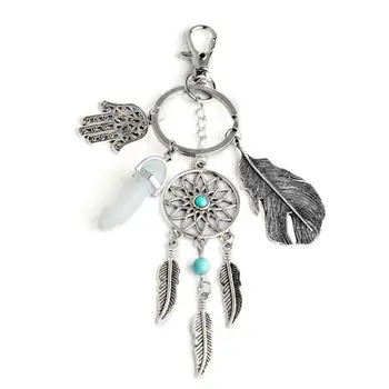 

Natural stone turquoise palm catching dream tassel leaf keychain key ring #CO