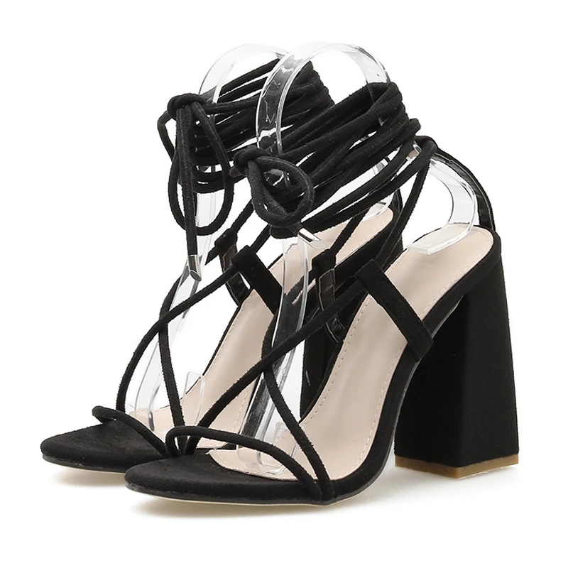 Новые открытые женские босоножки с ремешком на щиколотке черные туфли-лодочки на шнуровке с открытым носком вечерние босоножки на высоком квадратном каблуке с перекрестной шнуровкой Размеры 35-42 - Цвет: Black