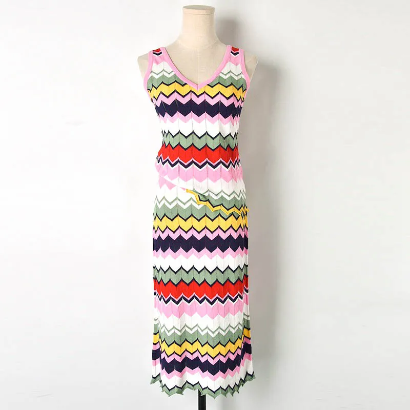 

Knitted 2 Piece Set Women 2019 Summer Hit Color Wavy Striped V-neck Vest Top and High Waist Midi Skirt Two Piece Ladies Suits