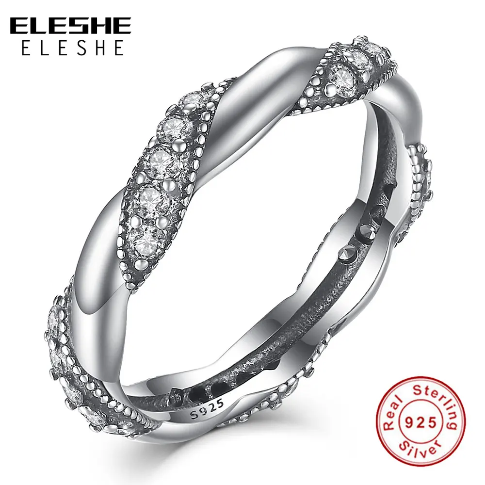 ELESHE Luxury Cubic Zirconia Crystal Ring 925 Sterling Silver Ring Twist Rhinestones Wedding Ring for Women Jewelry bague femme