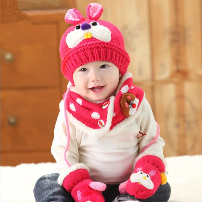 3 шт. для маленьких девочек вязаная шапка, шарф и перчатки набор детей Новинка 2018 г. зимние модные дети мальчик темно-синий кролик шляпа