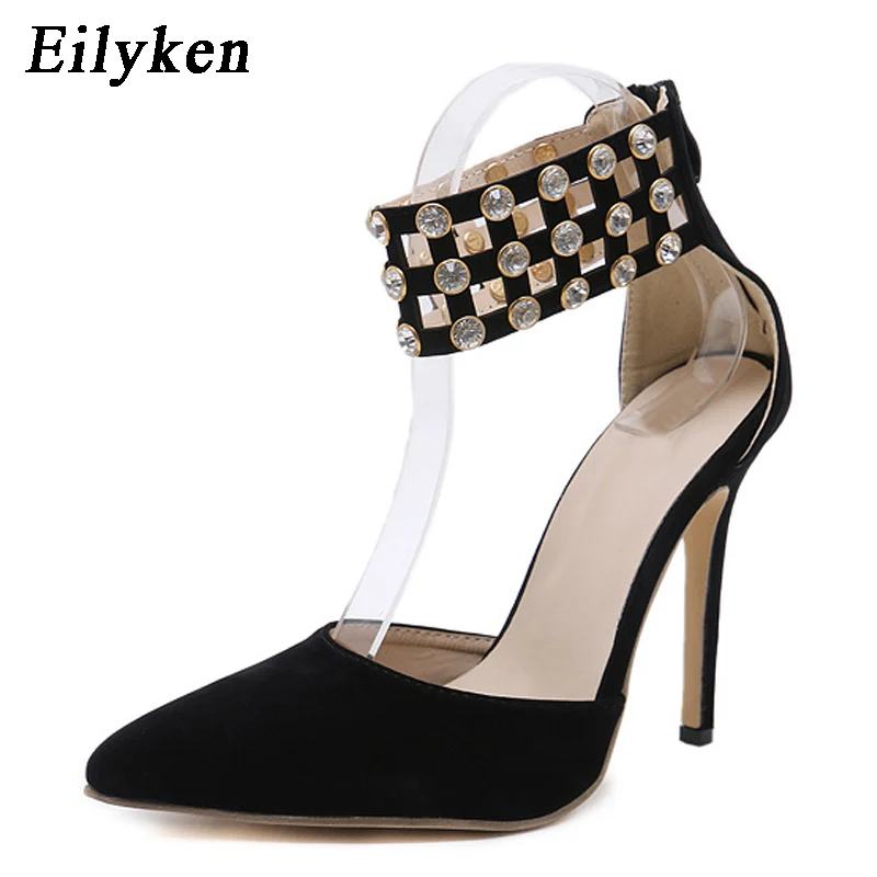 Eilyken Flock Crystal Gladiator Women Pumps Fashion Zipper Pointed Toe High Heels Lady Shoes Thin Heels Chaussure Femme Black