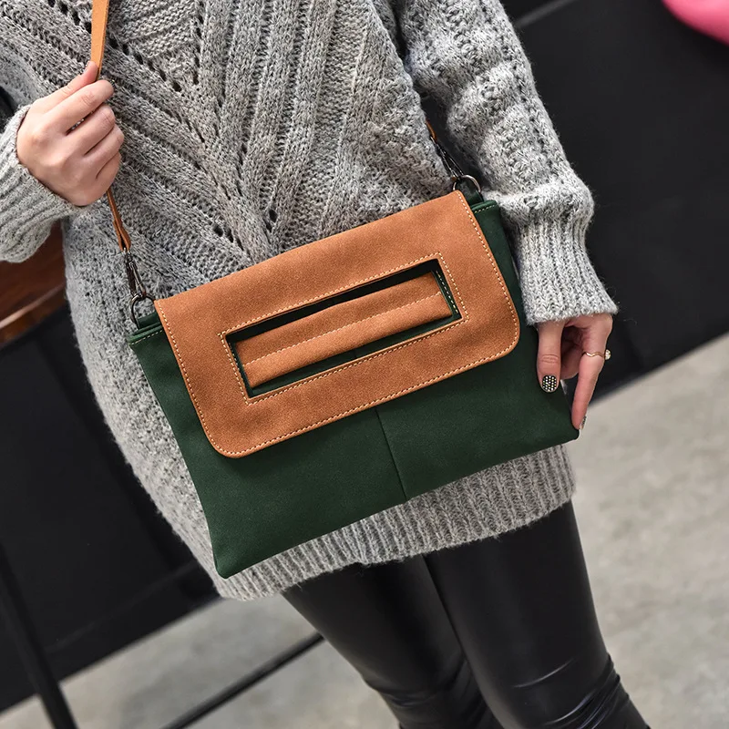 2017 new retro matter leather women messenger bags nubuck envelope bag panelled crossbody shoulder bag lady's eneving day clutch