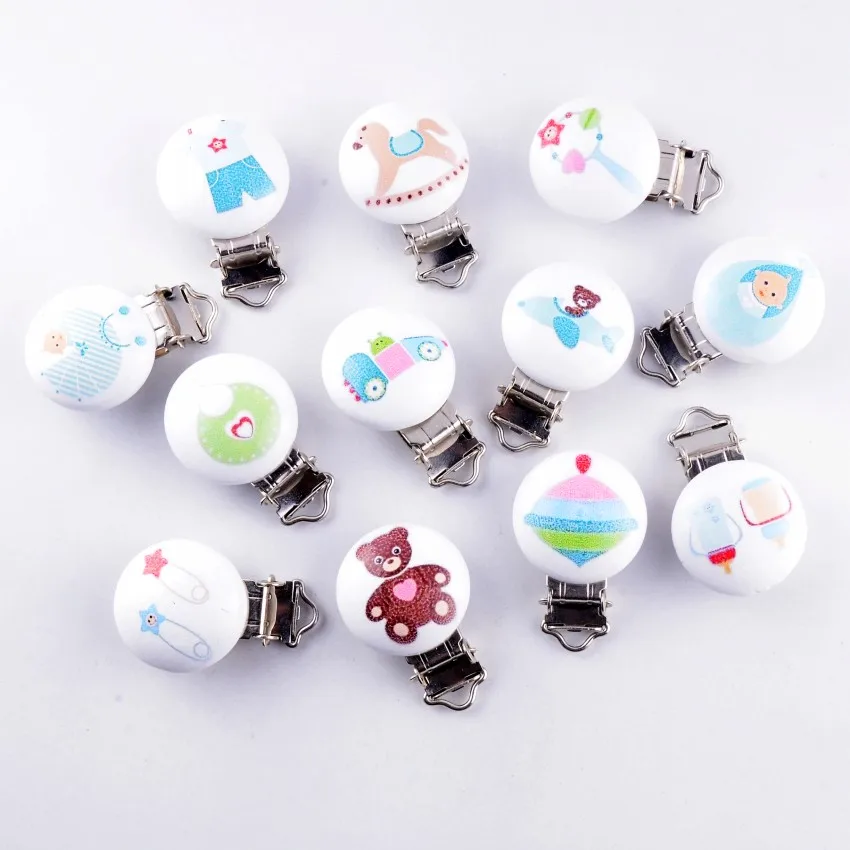 

5PCs Baby Pacifier Clips Mixed Pattern White Wood Metal Holders Cute Infant Soother Clasps Funny Accessories 4.4x2.9cm