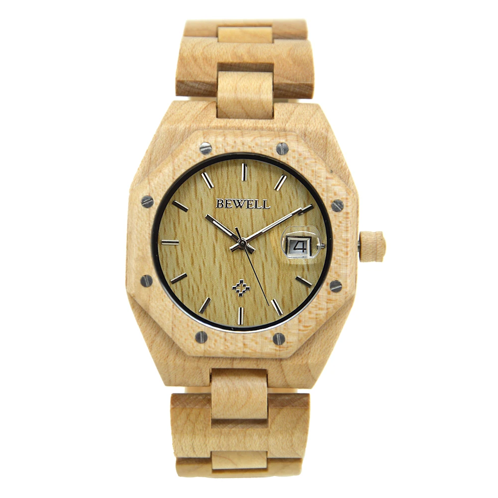 

BEWELL New Arrival Irregular Watch All Wood Strap Handmade Natural Quartz Watches for Men with Date Display in Gift Box 099A