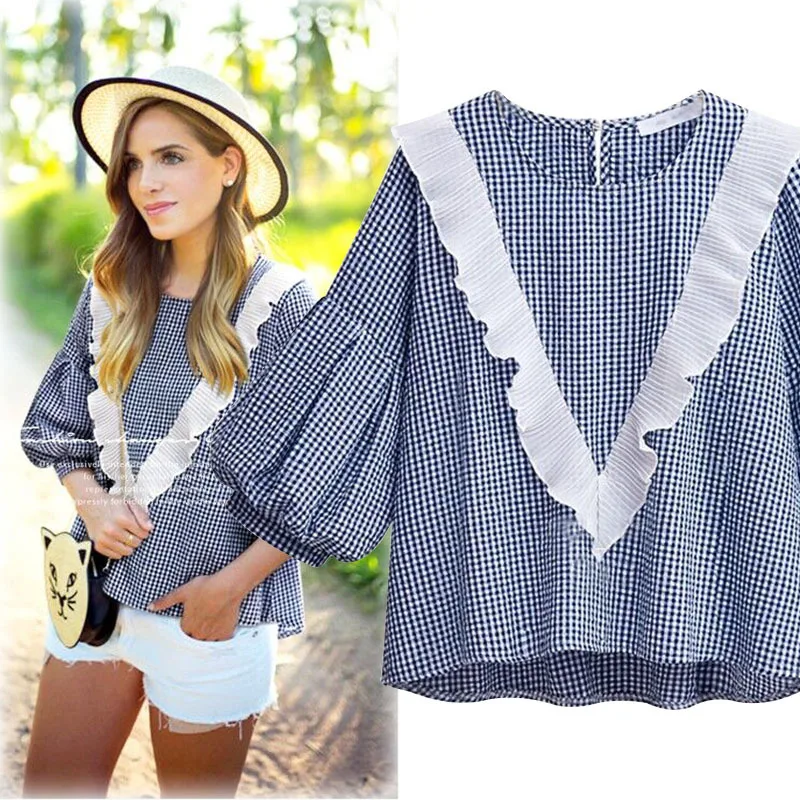 

2018 Euro Style New Style Lattice Pattern Round Neck Puff Sleeve Blouse Women's Fashion Casual Bottoming Shirt Large Size Tops