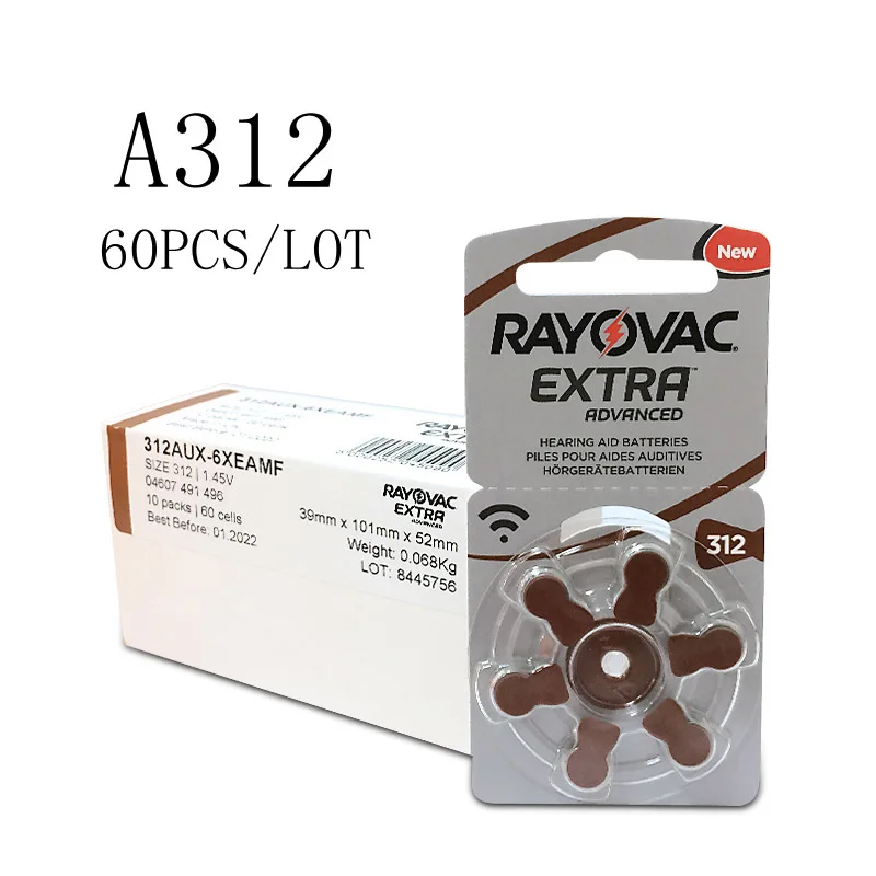 

60 pcs Rayovac Extra 1.45V Performance Hearing Aid Batteries Zinc Air 312 A312 PR41 Battery for CIC Hearing aids