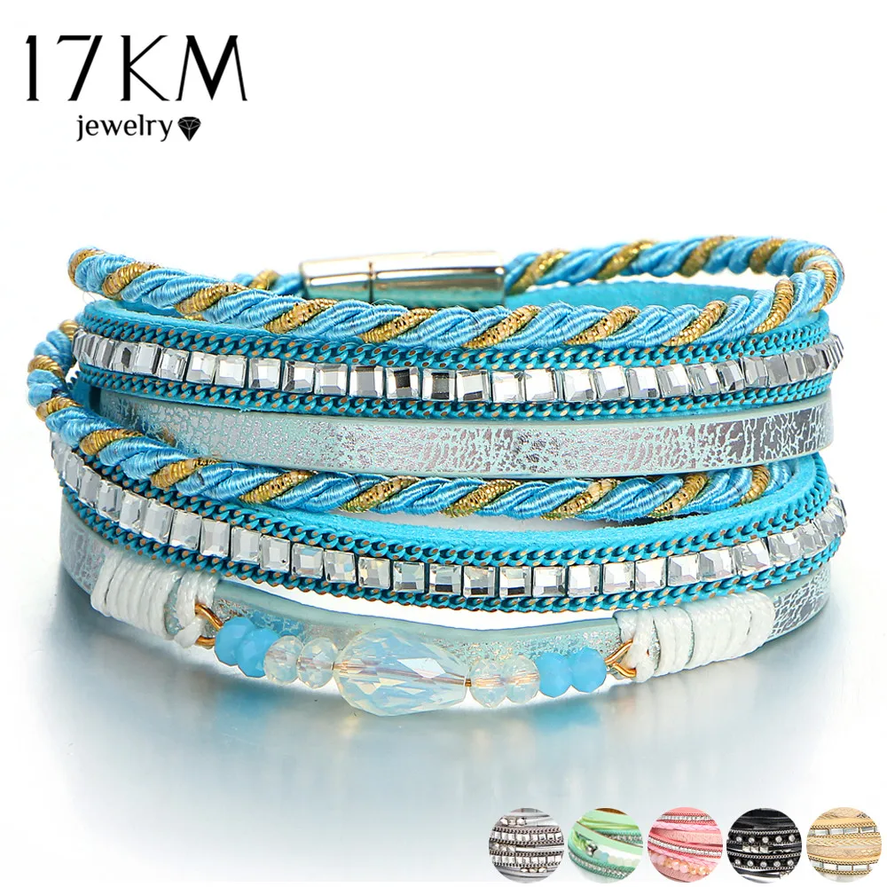 

17KM New 2018 Bule Beads Charm Bracelet For Woman Multiple Layers Leather Bracelets & Bangles Rope Fashion Female Jewelry
