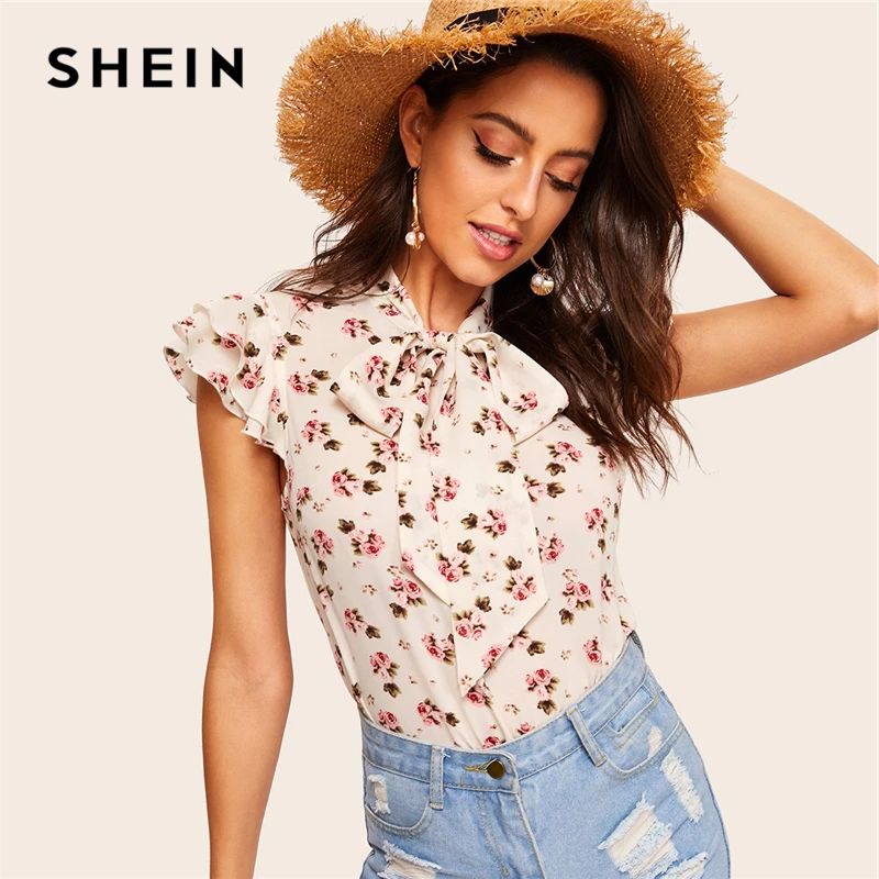 

SHEIN Boho Multicolor Layered Ruffle Sleeve Tie-neck Floral Print Blouse Women Summer Stand Collar Cap Sleeve Tops and Blouses