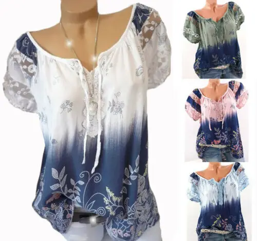 

Fashion Boho Women Summer Floral Tops Loose Short Sleeve Lace Gypsy V-Neck Girls beach Beach Ladies Casual T-Shirt