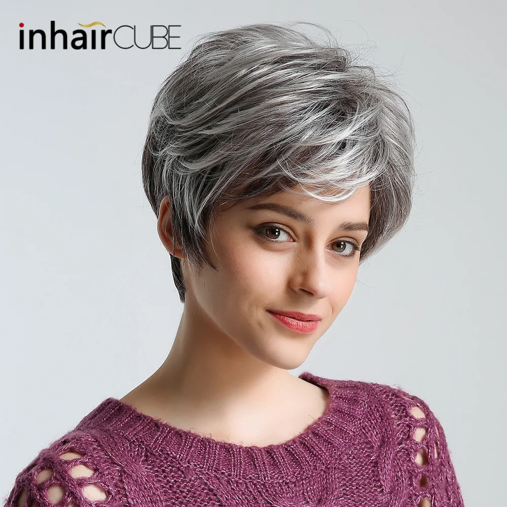 Inhair Cube 10 дюймов Лидер продаж синтетические парики Серый Короткие текстуры пушистые прямые 50% человеческие волосы Искусственные парики для