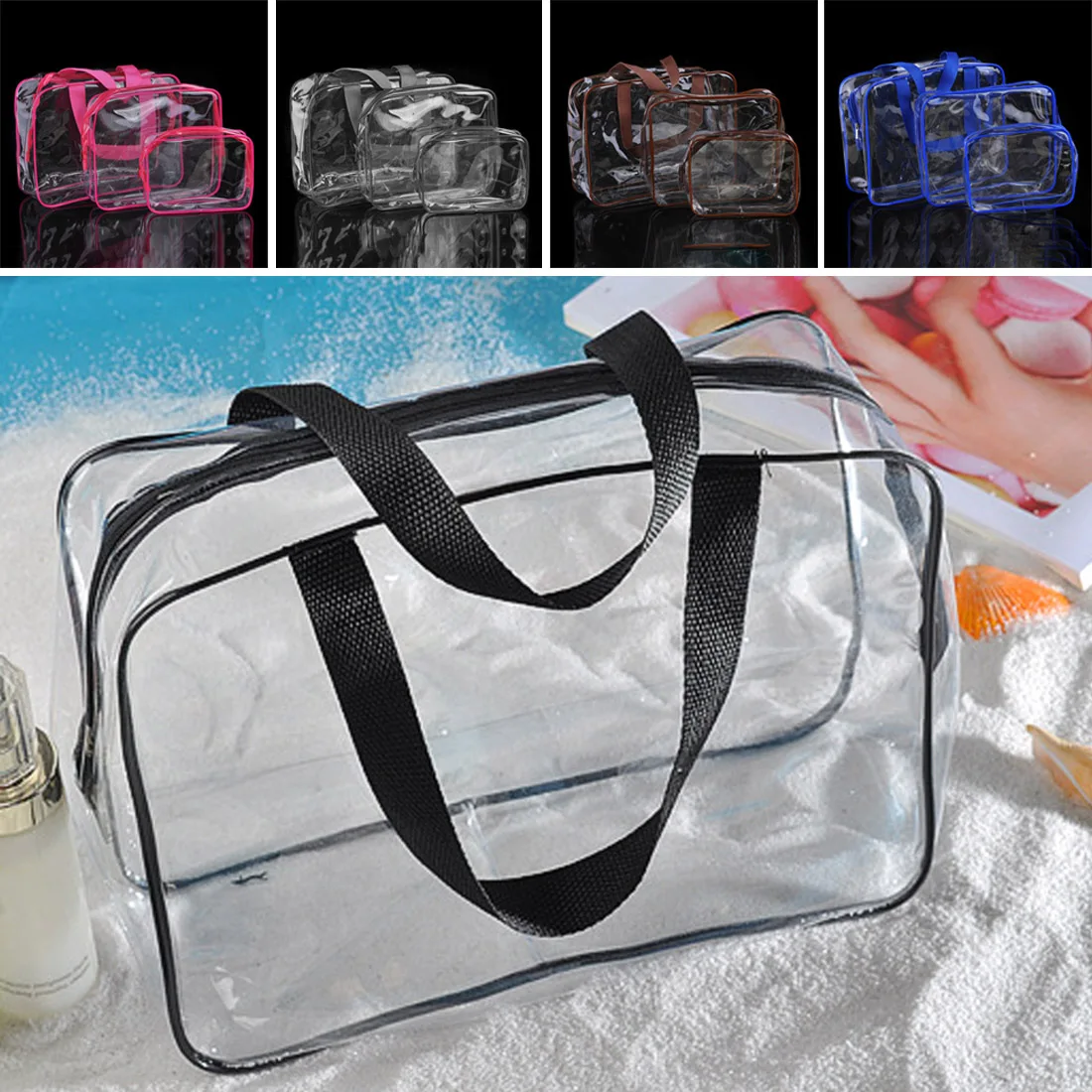  Waterproof Clear Big Makeup Bag Cosmetic Bag PVC Purse Travel Makeup Bag Zipper Cosmetic Organizer