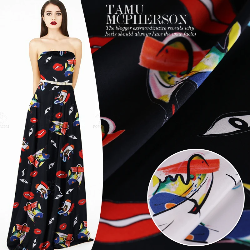 

Lips red digital spray-painted stretch satin natural silk fabric for dress Christmas fabrics tissu telas tecidos tecidos tissus