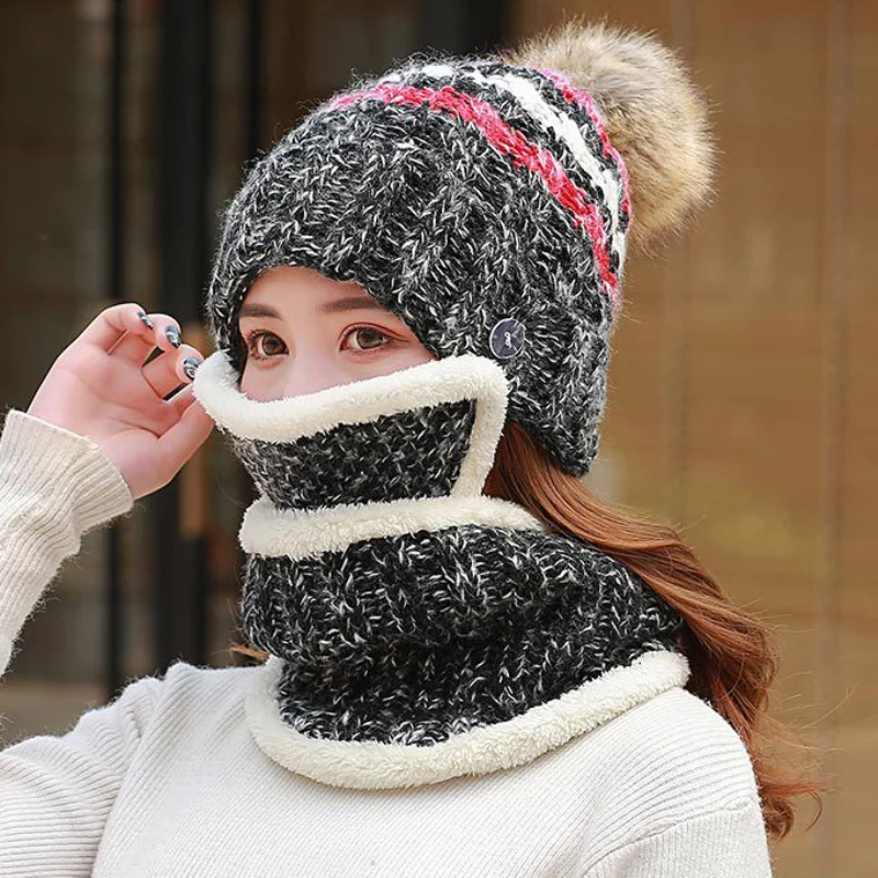 HT2137 вязаная зимняя маска шапка шарф набор женский толстый бини с помпоном кольцо шарф теплая шерсть зимние аксессуары для женщин Зимний комплект