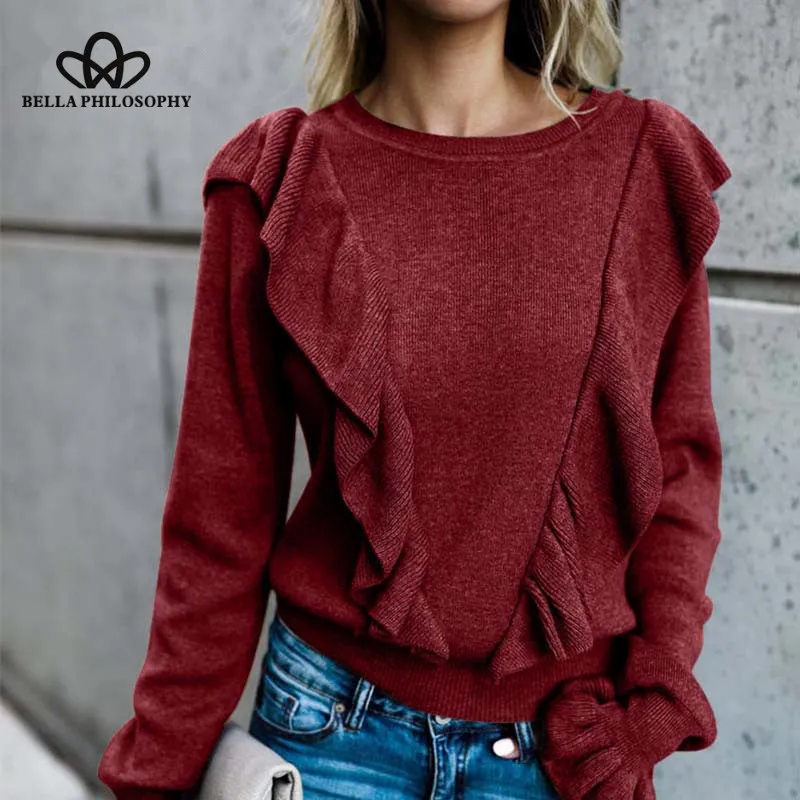 

Bella Philosophy Casual Long Sleeved O-Neck Sweaters Ruched Flare Sleeve pullovers Ruffles Female ElegantSweater Top 2019