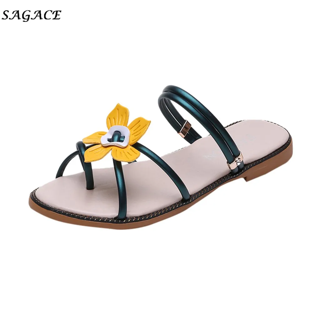

SAGACE Shoes Women Summer Wild PU Sandals Girls Lady Bohemia Beach Flower Round Toe Sandals Casual Flat Roman Sandals