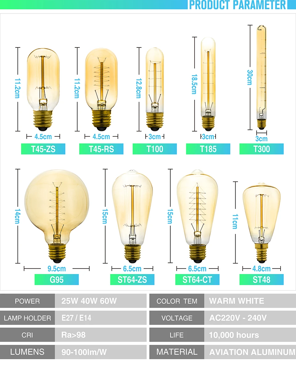 Retro Filament Lamp E27 E14 Edison Bulb 60W 40W 25W Bombilla AC240V Outdoor Decoration Lighting For Party Bar Restaurant Shop