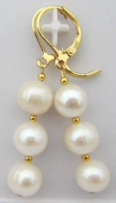 

Hot AAA 9-10mm Perfect South Sea White Pearl Earrings Solid Gold Marked