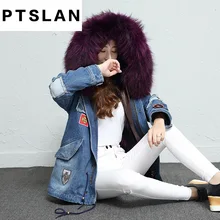 Ptslan 2017 New Fashion Women Luxurious Large Fox Fur Collar Hooded Coat Warm Fox Fur Liner Parkas Long Winter Jacket