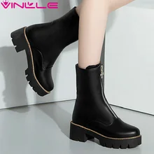 VINLLE 2016 Women Boots Zipper Pointed Toe Square Heel Solid Chains Platform Design Fashion Ladies Mid-Calf Boots Size 34-43
