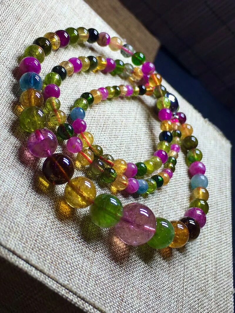 

Genuine Natural Colorful Tourmaline Quartz 4-12mm Crystal Necklace Cat Eye Effect Round Beads Stretch Necklace Woman Beads AAAAA