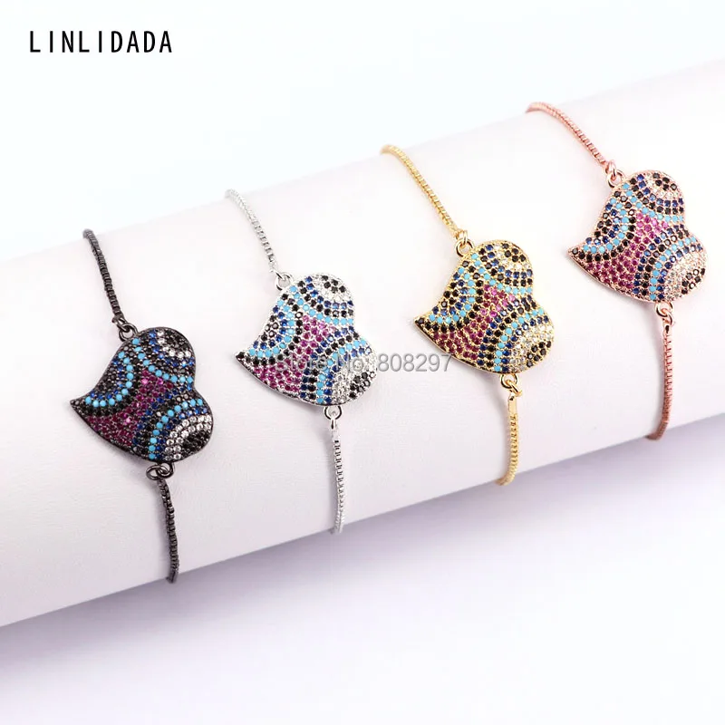 Модные 10 шт. микро Pave CZ кубический цирконий сердце Шарм Разъем браслеты для женщин ювелирные изделия регулируемые