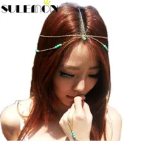 Новинка, бирюзовая диадема с бисером, богемная золотая цепочка на голову, аксессуары для волос, свадебные повязки на голову, модные украшения для волос для женщин - изображение